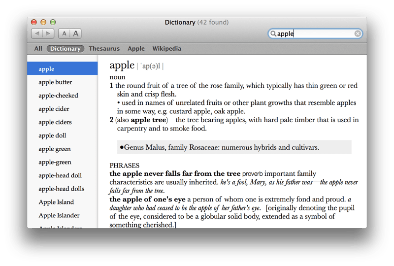Entry for apple in Dictionary.app